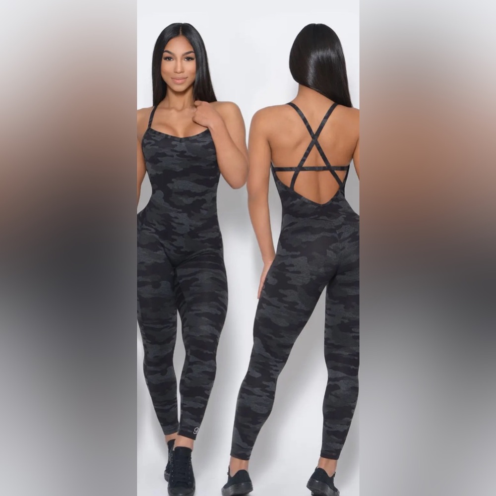 Bombshell Sportswear Black Gray Camo Strappy Back Jumpsuit